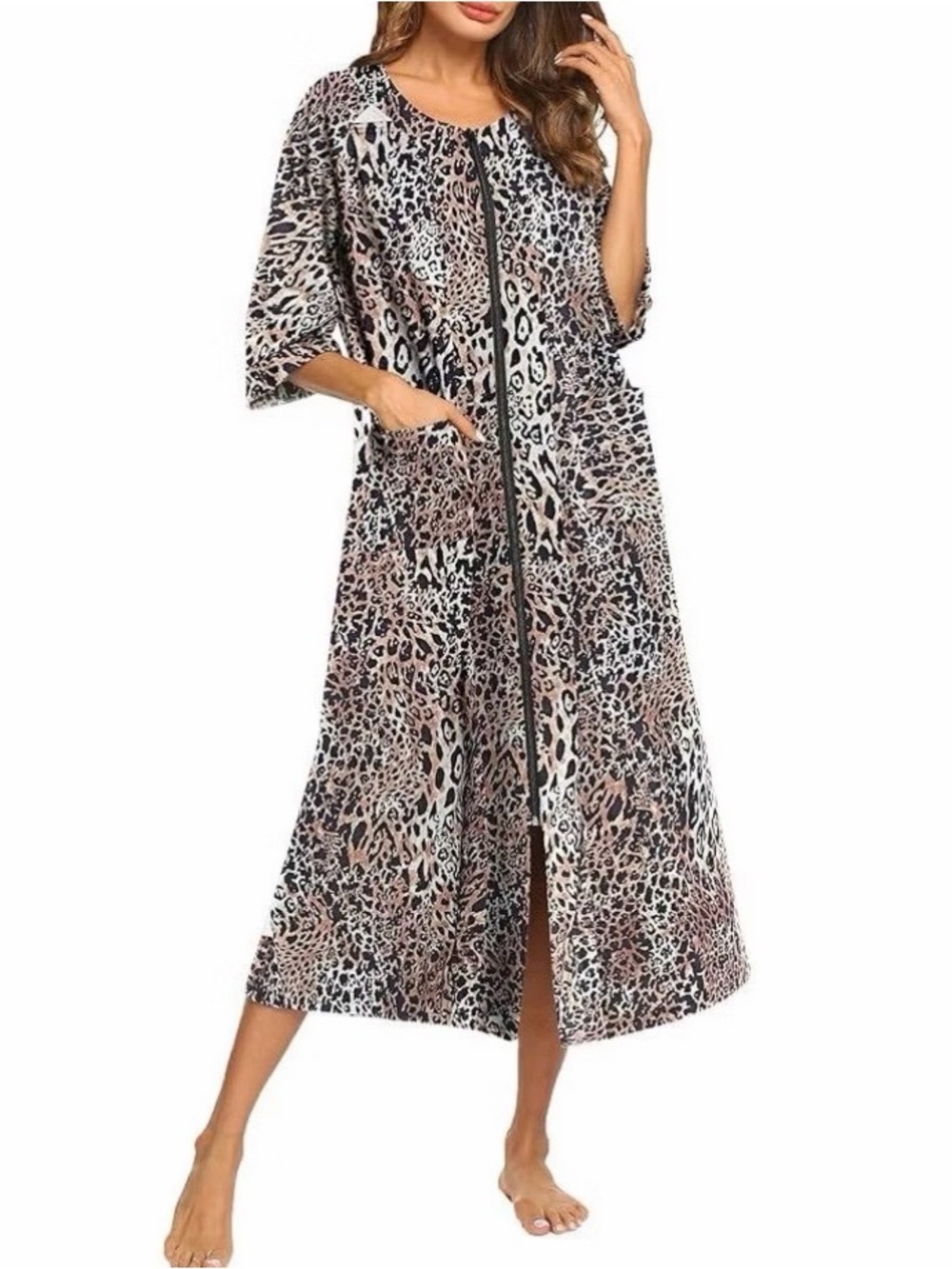 Ekouaer Zipper Robe 3/4 Sleeve Housecoats Full Length House Dress Lounge XXL